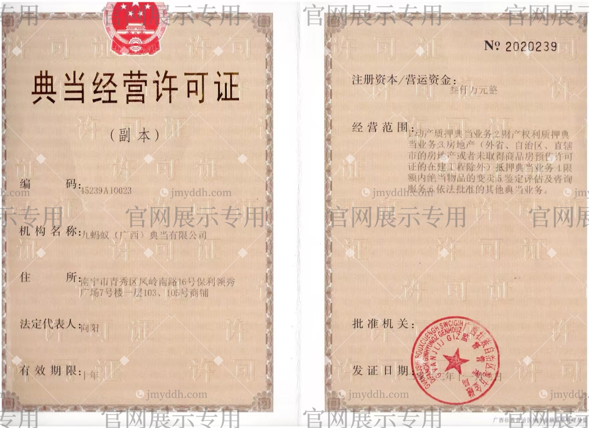 九蚂蚁广西典当有限公司典当经营许可证副本正反面