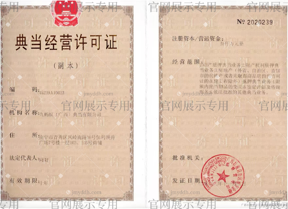 九蚂蚁（广西）典当有限公司典当经营许可证